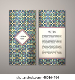 Flyer template with abstract ornament pattern. Vector greeting card design. Front page and back page.