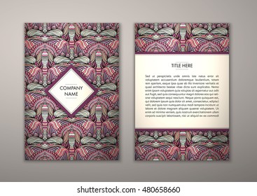 Flyer template with abstract ornament pattern. Vector greeting card design. Front page and back page.