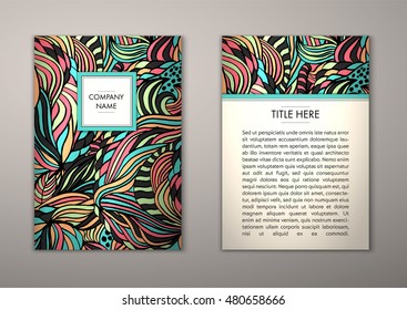 Flyer template with abstract ornament pattern. Vector greeting card design. Front page and back page.
