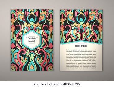 Flyer template with abstract ornament pattern. Vector greeting card design. Front page and back page.