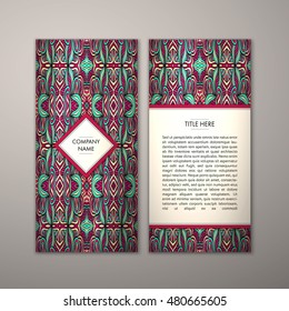 Flyer template with abstract ornament pattern. Vector greeting card design. Front page and back page.