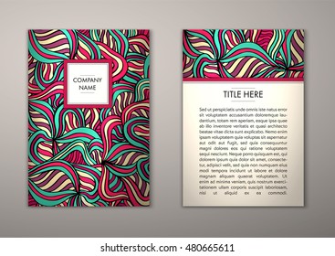 Flyer template with abstract ornament pattern. Vector greeting card design. Front page and back page.