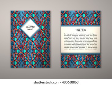 Flyer template with abstract ornament pattern. Vector greeting card design. Front page and back page.