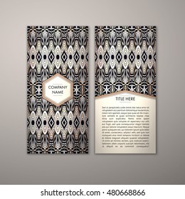 Flyer template with abstract ornament pattern. Vector greeting card design. Front page and back page.