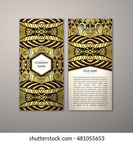 Flyer template with abstract ornament pattern. Vector greeting card design. Front page and back page.