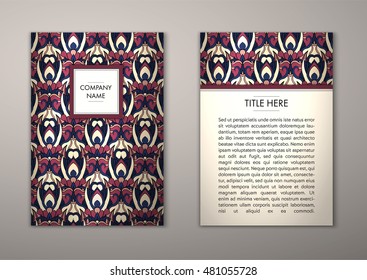 Flyer template with abstract ornament pattern. Vector greeting card design. Front page and back page.