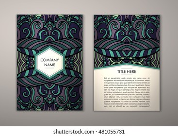 Flyer template with abstract ornament pattern. Vector greeting card design. Front page and back page.