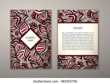 Flyer template with abstract ornament pattern. Vector greeting card design. Front page and back page.