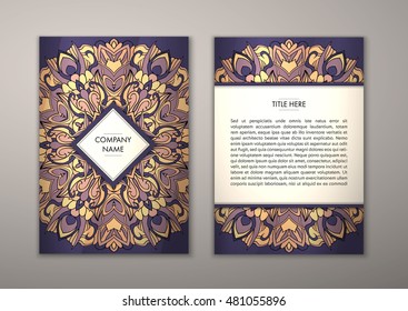 Flyer template with abstract ornament pattern. Vector greeting card design. Front page and back page.