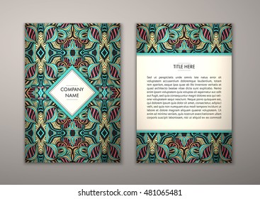 Flyer template with abstract ornament pattern. Vector greeting card design. Front page and back page.