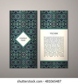 Flyer template with abstract ornament pattern. Vector greeting card design. Front page and back page.