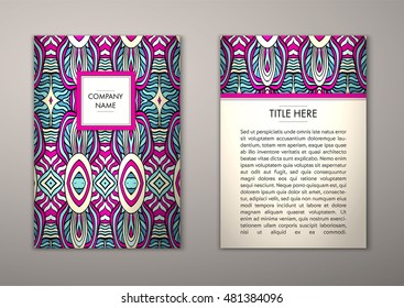 Flyer template with abstract ornament pattern. Vector greeting card design. Front page and back page.
