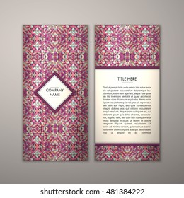 Flyer template with abstract ornament pattern. Vector greeting card design. Front page and back page.