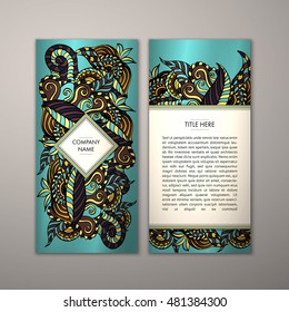 Flyer template with abstract ornament pattern. Vector greeting card design. Front page and back page.