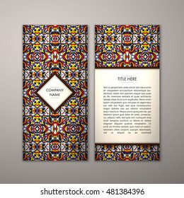 Flyer template with abstract ornament pattern. Vector greeting card design. Front page and back page.