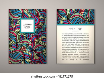 Flyer template with abstract ornament pattern. Vector greeting card design. Front page and back page.