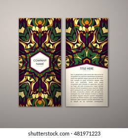 Flyer template with abstract ornament pattern. Vector greeting card design. Front page and back page.