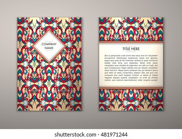 Flyer template with abstract ornament pattern. Vector greeting card design. Front page and back page.