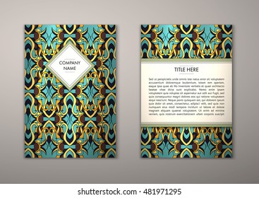 Flyer template with abstract ornament pattern. Vector greeting card design. Front page and back page.