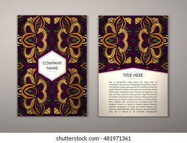 Flyer template with abstract ornament pattern. Vector greeting card design. Front page and back page.