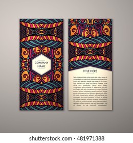 Flyer template with abstract ornament pattern. Vector greeting card design. Front page and back page.