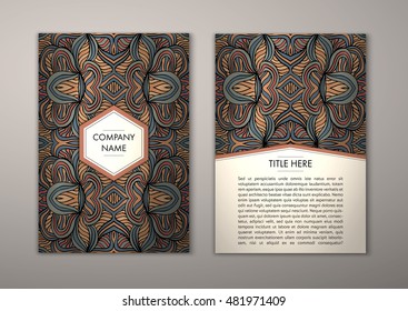 Flyer template with abstract ornament pattern. Vector greeting card design. Front page and back page.