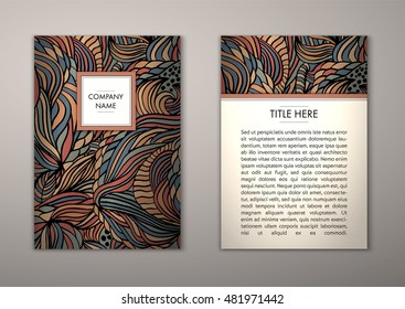 Flyer template with abstract ornament pattern. Vector greeting card design. Front page and back page.