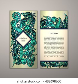 Flyer template with abstract ornament pattern. Vector greeting card design. Front page and back page.
