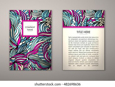 Flyer template with abstract ornament pattern. Vector greeting card design. Front page and back page.