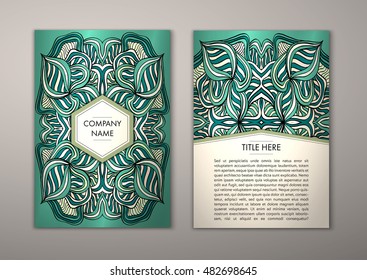 Flyer template with abstract ornament pattern. Vector greeting card design. Front page and back page.
