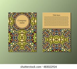 Flyer template with abstract ornament pattern. Greeting card design. Front page and back page. Vector.