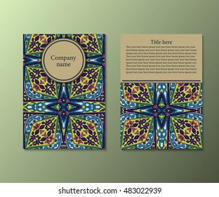 Flyer template with abstract ornament pattern. Greeting card design. Front page and back page. Vector.