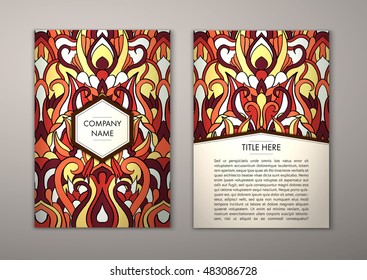 Flyer template with abstract ornament pattern. Vector greeting card design. Front page and back page.