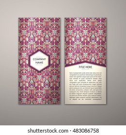 Flyer template with abstract ornament pattern. Vector greeting card design. Front page and back page.