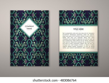 Flyer template with abstract ornament pattern. Vector greeting card design. Front page and back page.