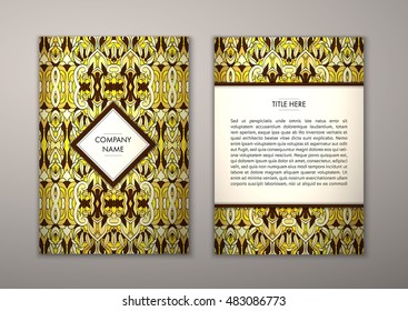 Flyer template with abstract ornament pattern. Vector greeting card design. Front page and back page.