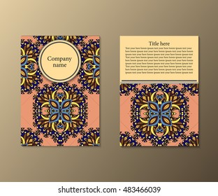 Flyer template with abstract ornament pattern. Greeting card design. Front page and back page. Vector.