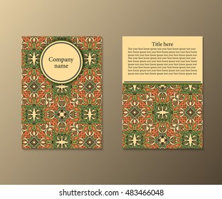 Flyer template with abstract ornament pattern. Greeting card design. Front page and back page. Vector.