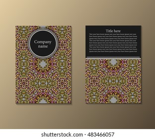 Flyer template with abstract ornament pattern. Greeting card design. Front page and back page. Vector.