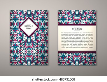 Flyer template with abstract ornament pattern. Vector greeting card design. Front page and back page.