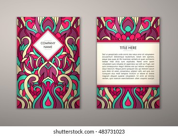 Flyer template with abstract ornament pattern. Vector greeting card design. Front page and back page.