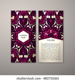 Flyer template with abstract ornament pattern. Vector greeting card design. Front page and back page.