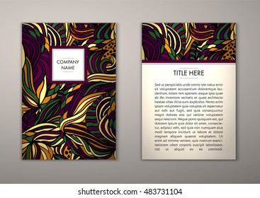 Flyer template with abstract ornament pattern. Vector greeting card design. Front page and back page.