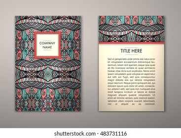 Flyer template with abstract ornament pattern. Vector greeting card design. Front page and back page.