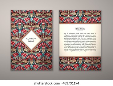 Flyer template with abstract ornament pattern. Vector greeting card design. Front page and back page.