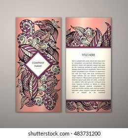 Flyer template with abstract ornament pattern. Vector greeting card design. Front page and back page.