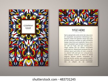Flyer template with abstract ornament pattern. Vector greeting card design. Front page and back page.