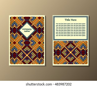 Flyer template with abstract ornament pattern. Greeting card design. Front page and back page. Vector.