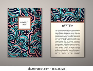 Flyer template with abstract ornament pattern. Vector greeting card design. Front page and back page.