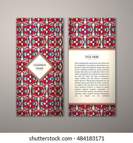 Flyer template with abstract ornament pattern. Vector greeting card design. Front page and back page.